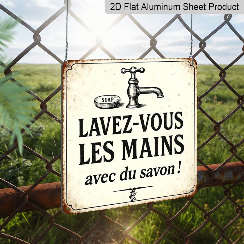 2D Flat, 1pc Vintage French-Style Bathroom Sign, Vintage Aluminium Plaque with Faucet and French "LAVEZ-VOUS LES MAINS" Handwashing Text, Wall Decor