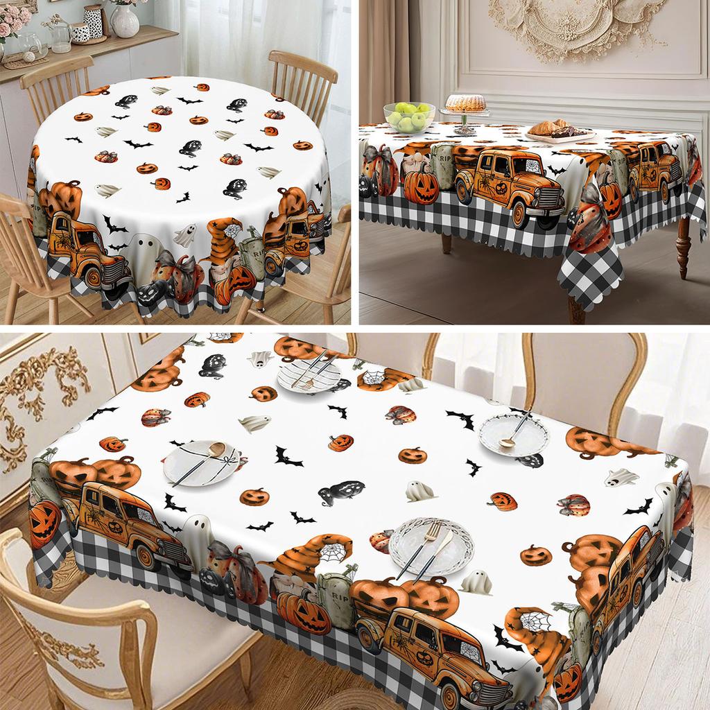 1-Piece Halloween Tablecloth, Grimace Pumpkin And Ghost Design - Black And White Checked Edge, Polyester Fabric