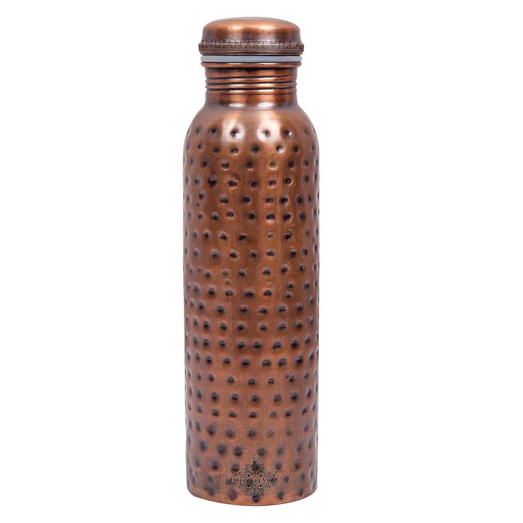 Pure Copper Water Bottle with Antique Dark Hammered Design, Drinkware, Storage Purpose, Volume-900 ML