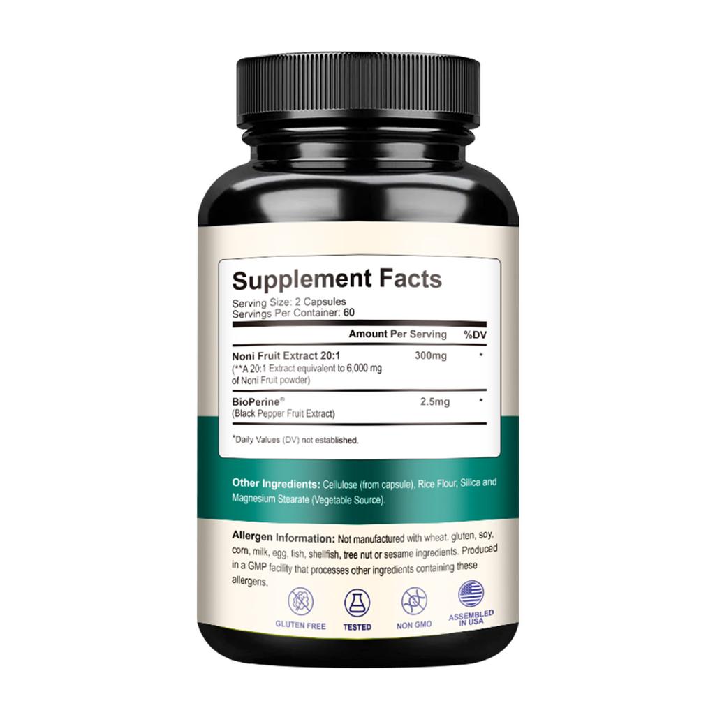 GREVIP Noni Fruit Extract Capsules, 6000 mg per serving, easily absorbed, suitable for adults.