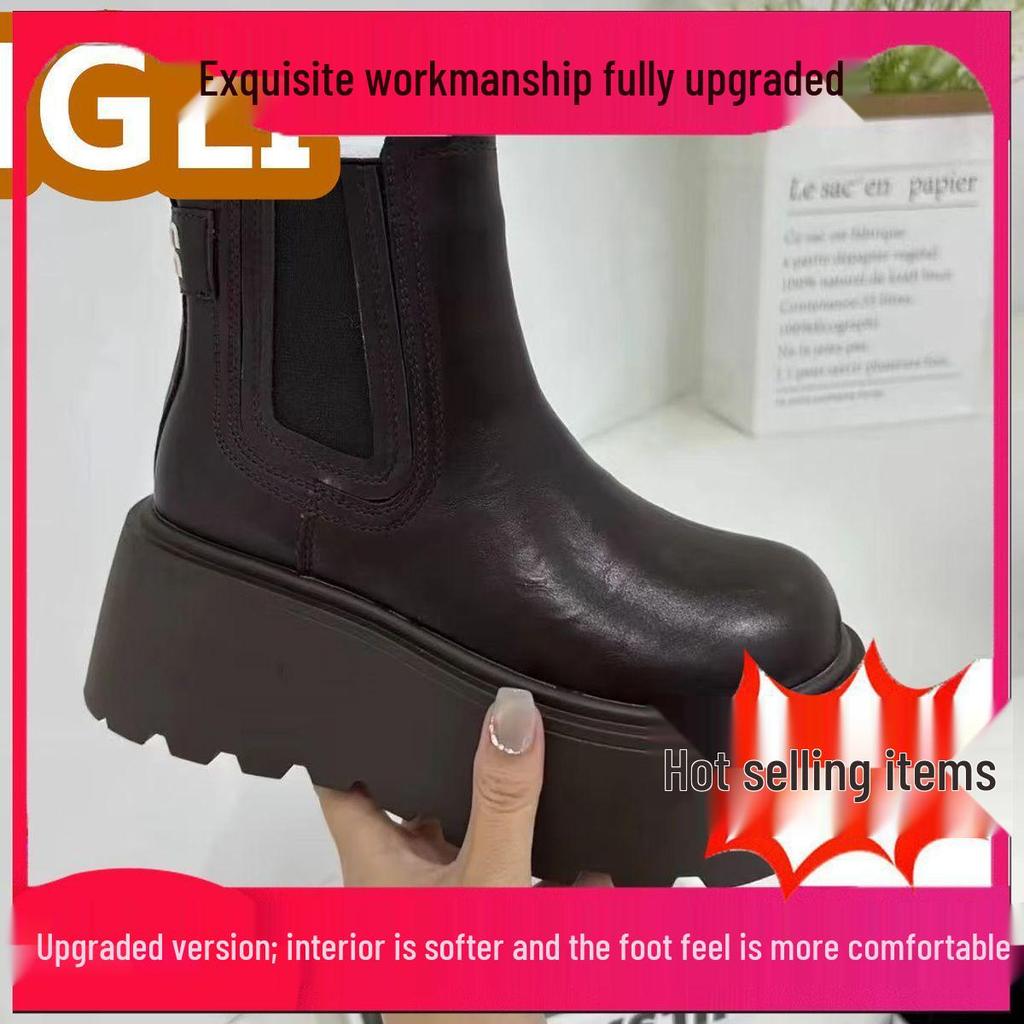 Women's Fleece-lined Slip-on Chelsea Boots: Thick-soled, Height-increasing Martin Style for 2025 Autumn/Winter