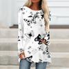 Plus Size Women Spring Butterfly Printed Comfy Long Sleeve Round Collar T-shirt Casual Baggy Mid Length Tee Tops