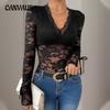 Women's Jumpsuit Lace Patchwork Long Sleeve V-neck Sexy Black Bodysuit