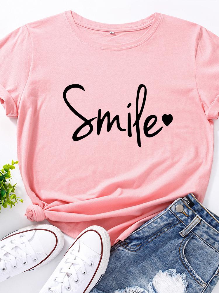 Простой стиль Smile Letter Print Футболка женская с коротким рукавом O-образным вырезом свободная футболка женская футболка топы одежда Camisetas Mujer