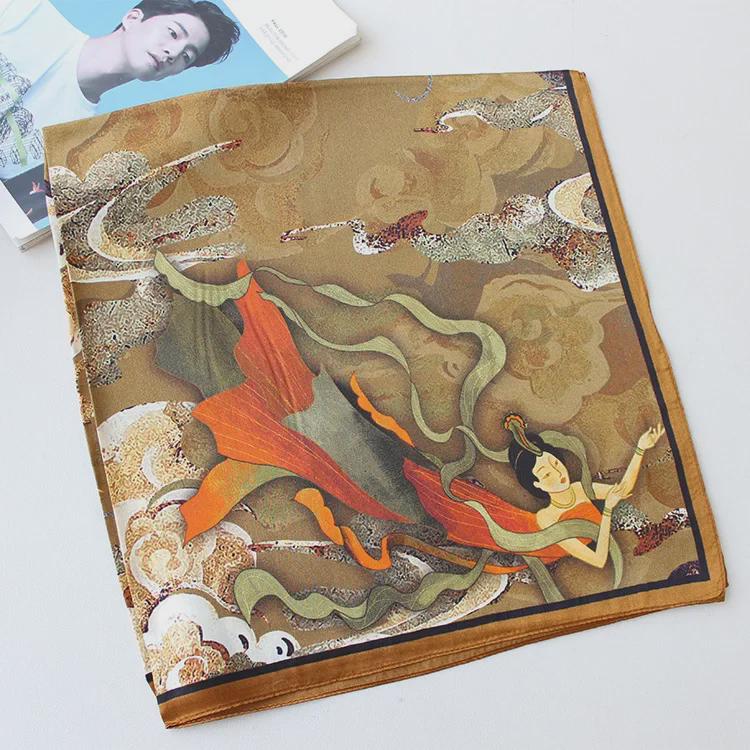 Dunhuang Feitian Xiangyun Mulberry Silk Satin Scarf - National Style, 70cm Square for Women