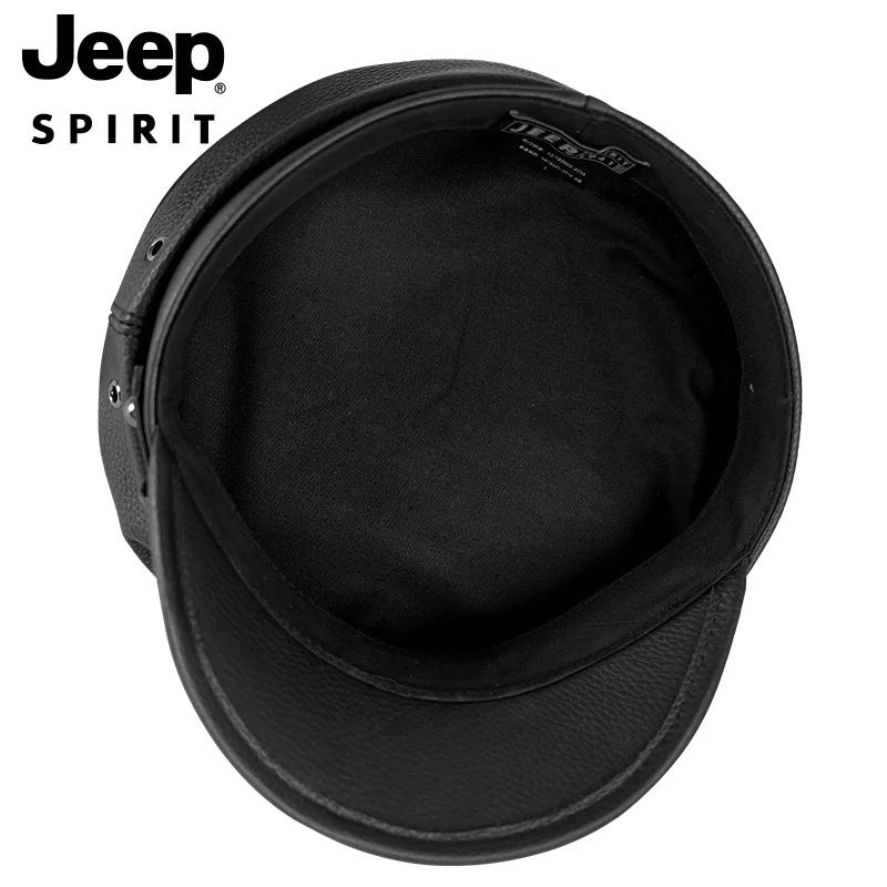 Jeep Unisex Cowhide Leather Cap Captain's Cap Flat Top Military Golf Cap Baseball Trucker Hat, Best Gift 96CA0671 ALM1