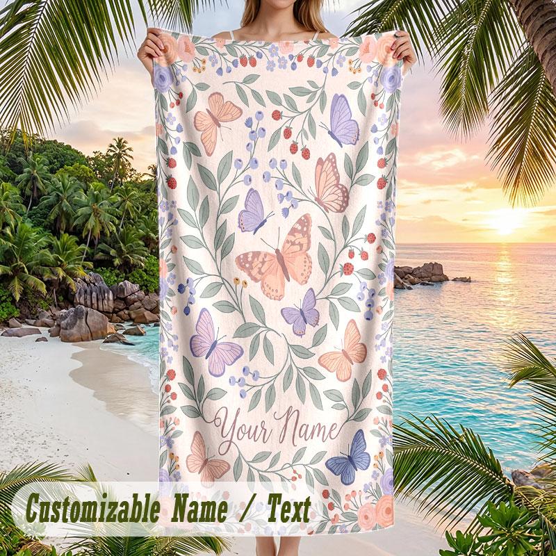 Butterflies Floral Elegance 4 Theme Quick Dry Beach Towel Custom Name Text Print Large Sand Resistant Towel Beach Vacation
