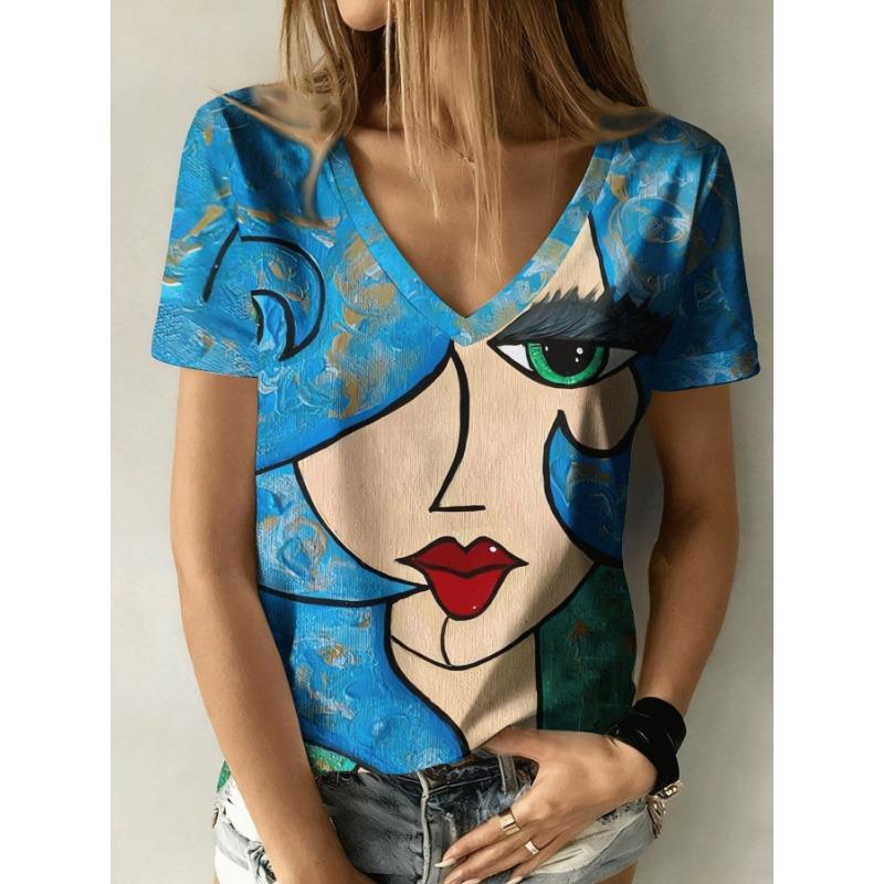 Женская летняя повседневная футболка с V-образным вырезом и короткими рукавами, с модной 3D-печатью, подходит для прогулок или для дома