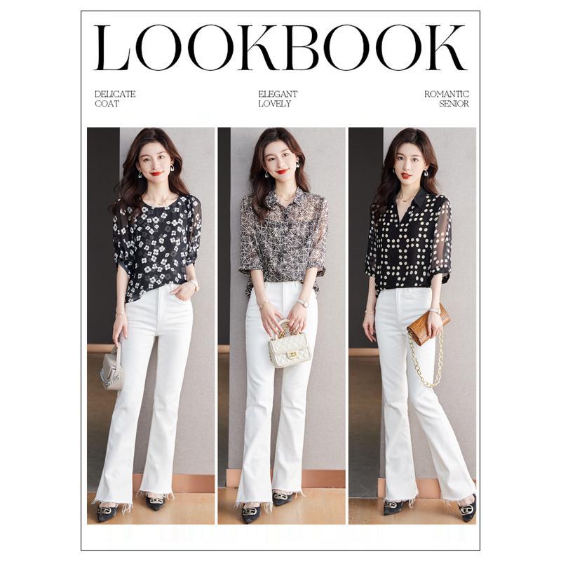 Классический темпераментный принт Однобортная блузка Женская Офисная Универсальная Рубашка-поло Летняя С полурукавом Шифоновая Женская Рубашка