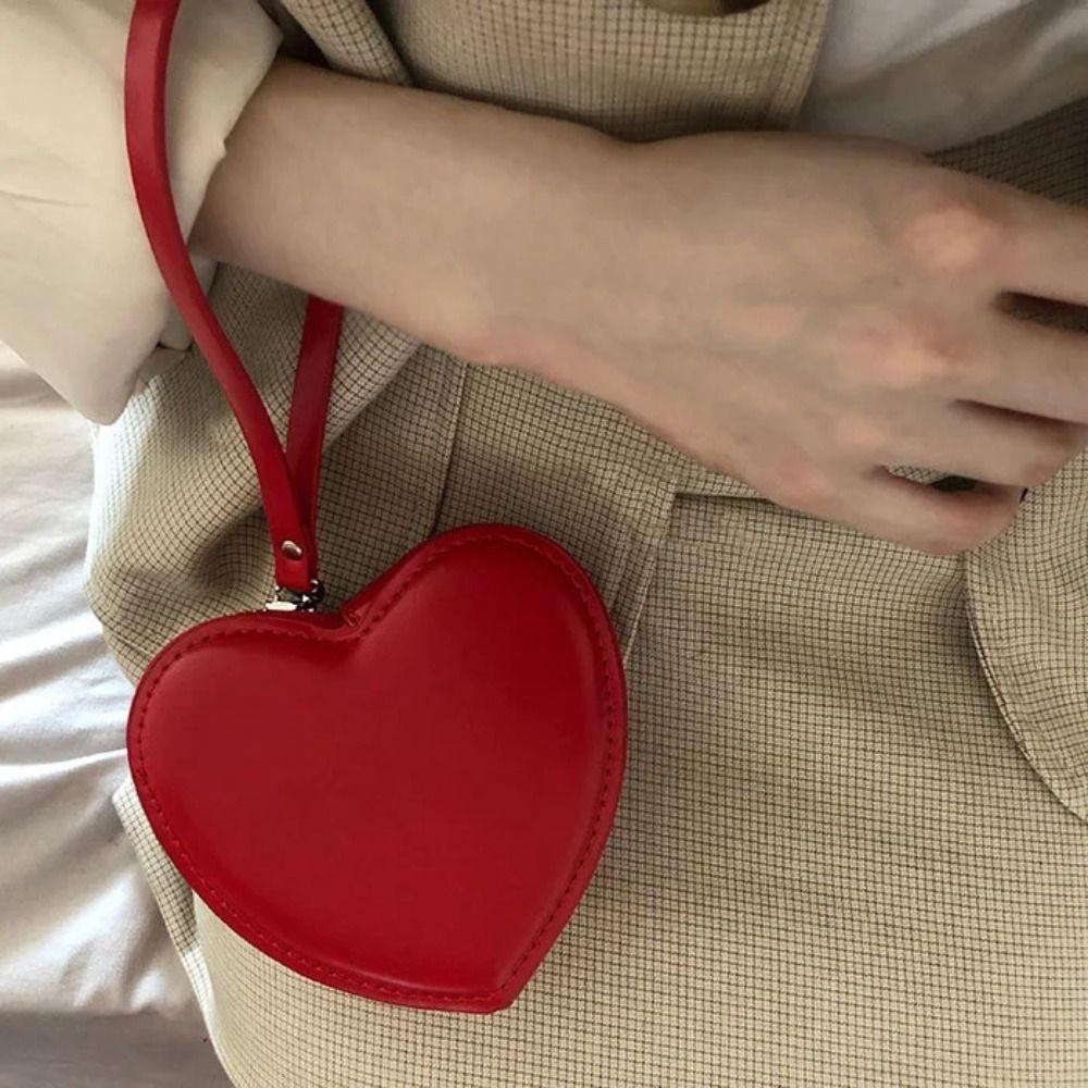 Korean Style PU Purses Card Pocket Solid Heart Bag Portable Red Love Hear Wallet Outdoor