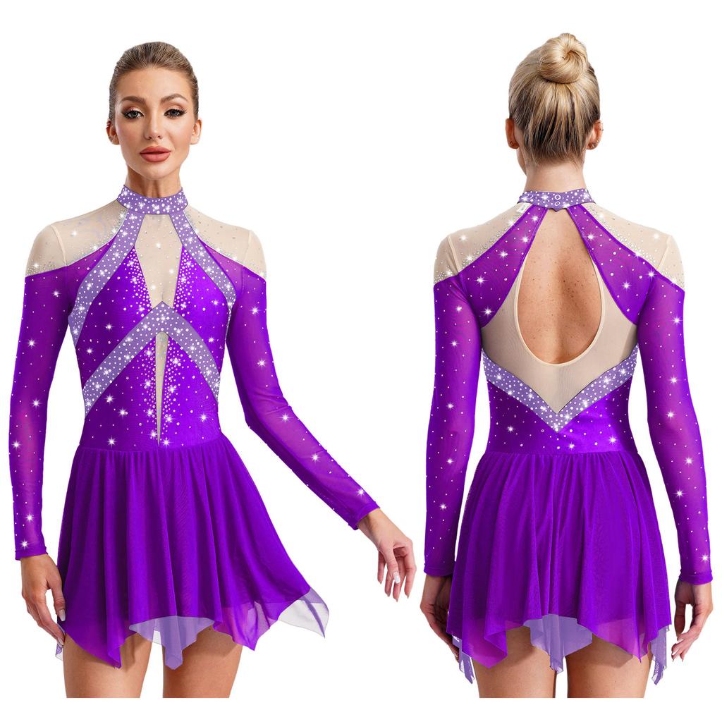 Women Figure Skating Performance Costume Sheer Mesh Rhinestones Leotard Dress for Modern Lyrical Dance Gymnastics Acrobatics