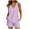 Women's Solid Color Loose V-Neck Pullover Sleeveless Casual Top With Pockets Shorts Set