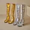 Золотые серебряные женские сапоги до колена на высоком каблуке, маленькие большие размеры 32 46