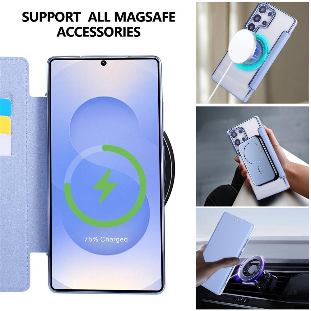 Кожаный кошелек Прозрачный магнитный чехол для телефона Для Samsung Galaxy S26 S25 S24 Ultra S22 S23 Plus 5G Флип Карта Беспроводная зарядка Чехол
