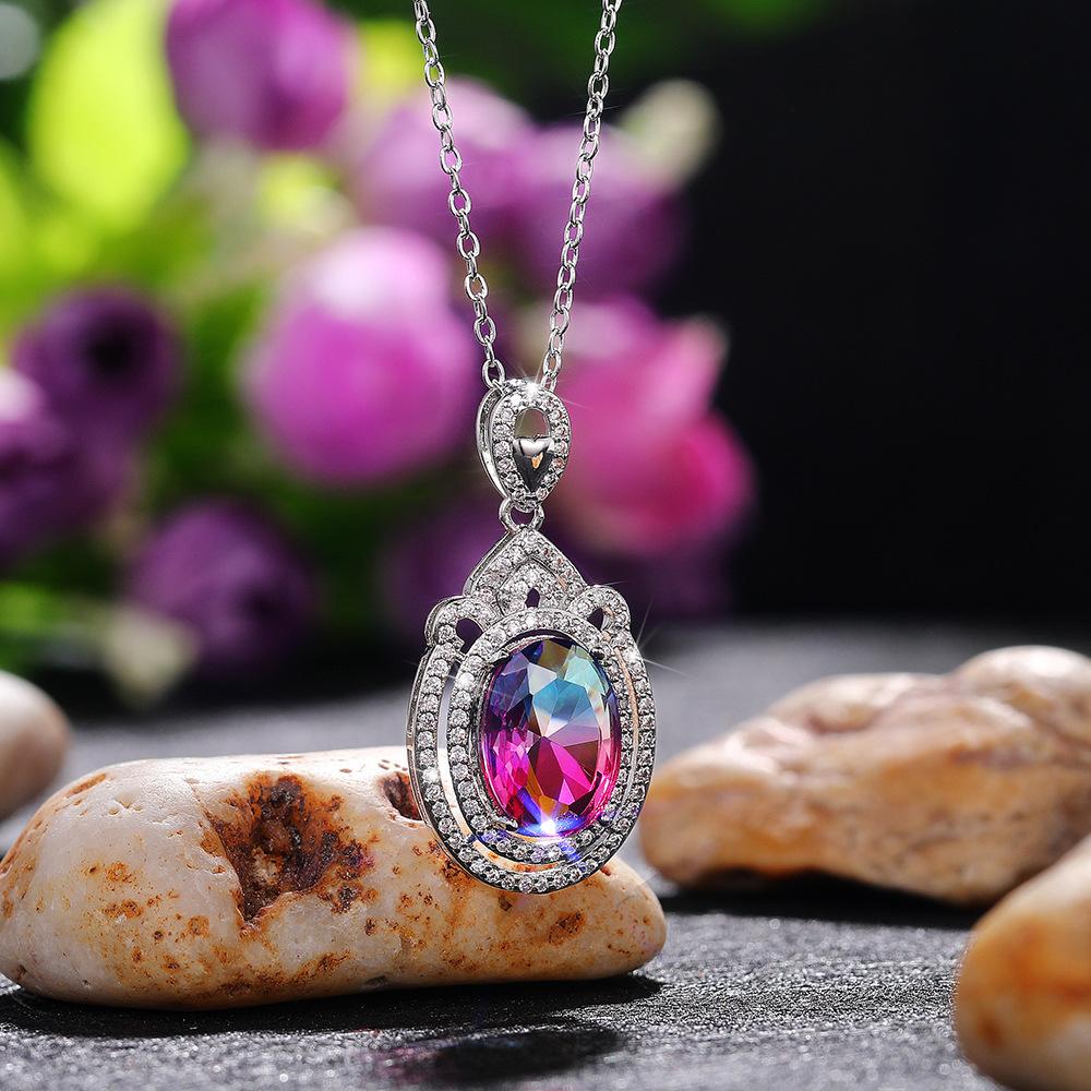 Серебряная Овальная Подвеска с Радужным Цирконом, Двойное Сияние, Кабельная Цепочка, Ожерелье для Женщин