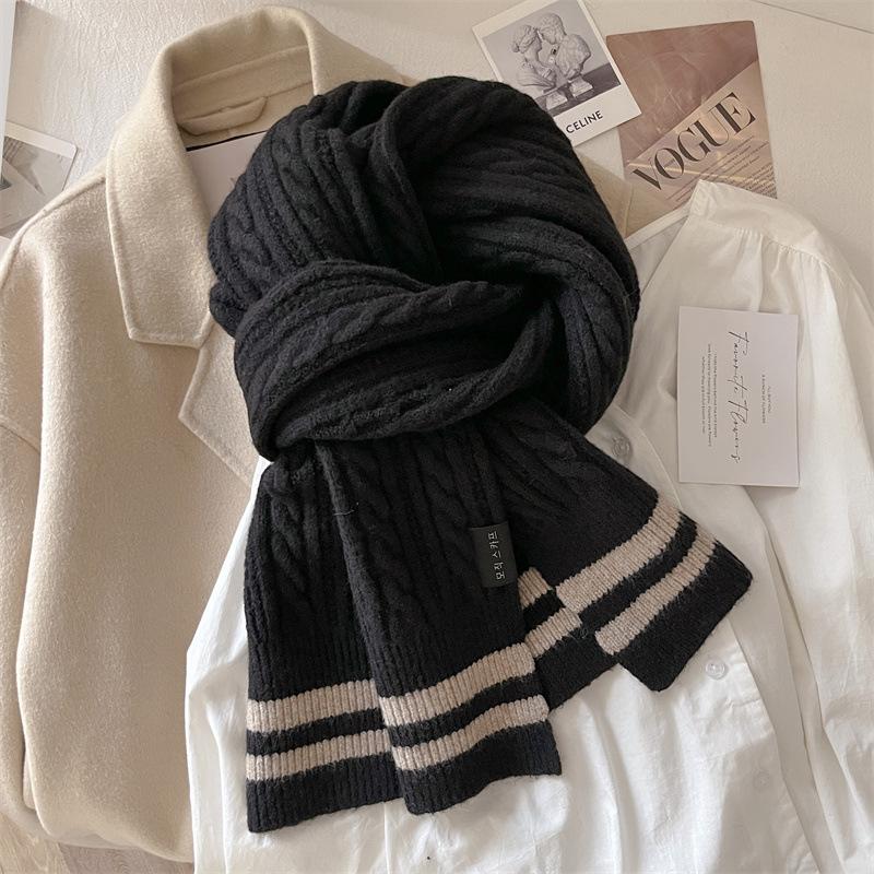 Striped Two-color Wool Knitted Scarf Women's Winter Versatile Trend Cute Girl Student Warm Scarf