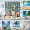 Starfish Beach Shower Curtain Shells Rustic Wooden Planks Palm Trees Natural Landscape Printed Shower Curtains Bathroom Decor