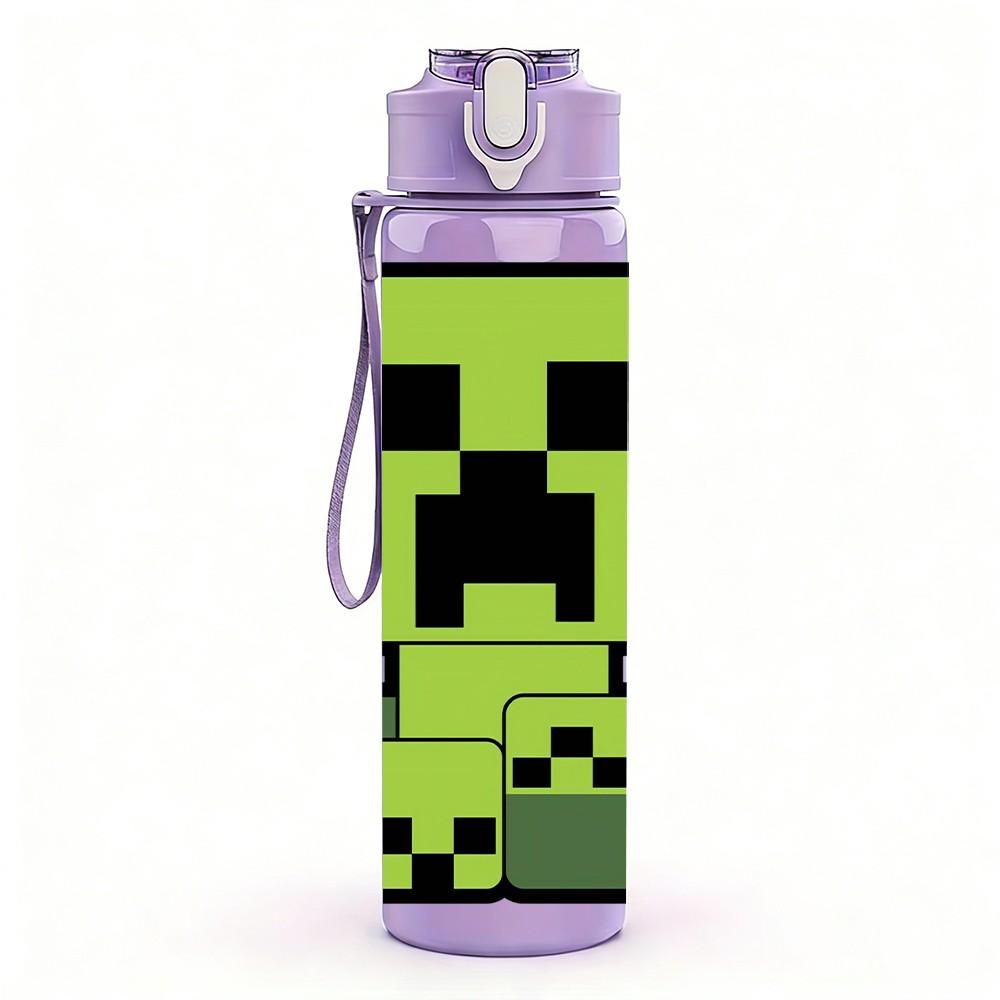 1PC Minecraft Pixel Creeper Face Print 750ml Color Plastic Sports Water Bottle Leakproof Flip Straw Lid Suitable for Sports Office Home Use