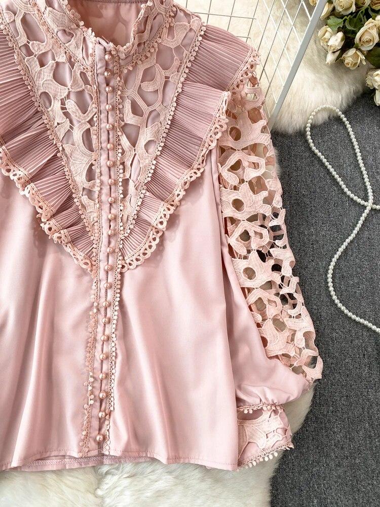 Винтажная блузка в стиле суда для женщин, с воланами, ажурные кружевные лоскутные рубашки с длинными рукавами-фонариками, женские блузки, Прямая поставка