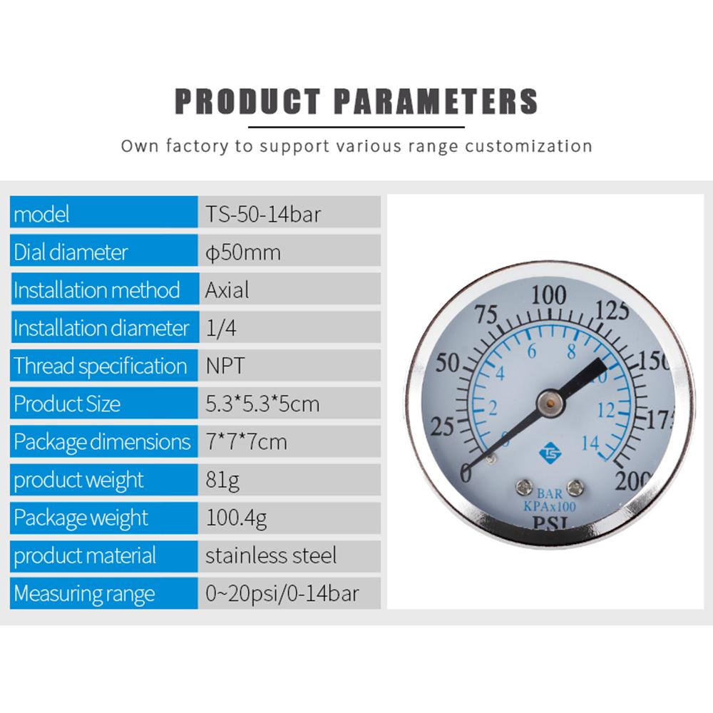 TS-50-14bar 0-200 PSI Test Range Oil Pressure Gauge 1/4'' NPT Bottom Mount Pressure Gauge Dual Scale Water Pressure Gauge