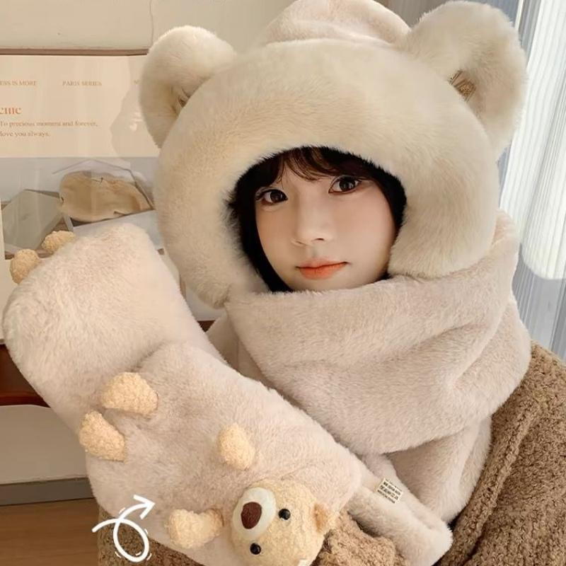 Шапка-медведь Зима Осень Зима Милые перчатки Шарф Плюшевый теплый комплект из трех предметов Нагрудник с капюшоном Защита ушей