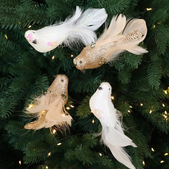2 Pcs Artificial Simulation Birds Ornament Glitter Feathered Bird Christmas Tree Ornaments Clip Foam