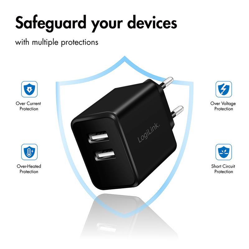 LogiLink USB Travel Adapter 2x 2.4A Fast Charging, 12W USB Charger