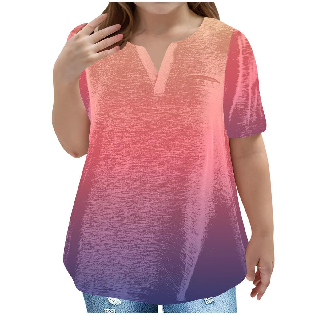 Children's Plus-size T-shirt Gradient Casual Fashion V-neck Short-sleeved Pocket Top