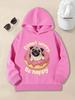 Children Cartoon Pug Graphic Hoodie Sweet Donut Letter Print Pullover Autumn Winter Fleece Warm Lovely Kids Hooded Sweatshirt