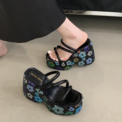 Новые туфли на платформе с толстой подошвой, блестками и цветочным узором, на высоком каблуке, сексуальные босоножки с открытым носком и круглым ремешком, женская обувь