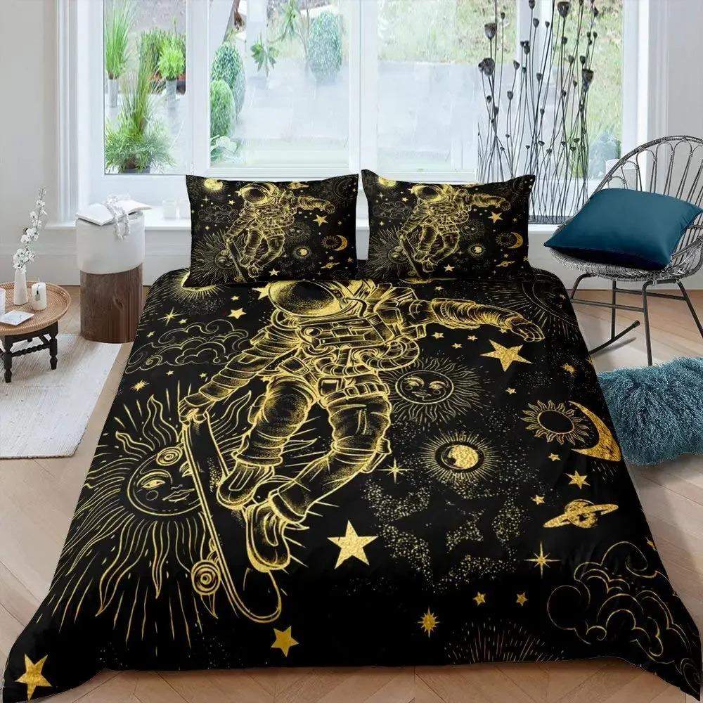 Astronaut Duvet Cover Set Astronaut Playing Guitar Bedding Set Teen Boys Kids Galaxy Stars Outer Space Polyester Comforter Cover