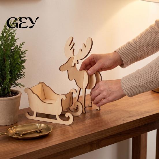 DIY Unfinished Elk Sleigh Decor Wooden Christmas and Tabletop Ornament, Wood Art Craft Festive And Model for Holiday Decoration, Creative Paintable