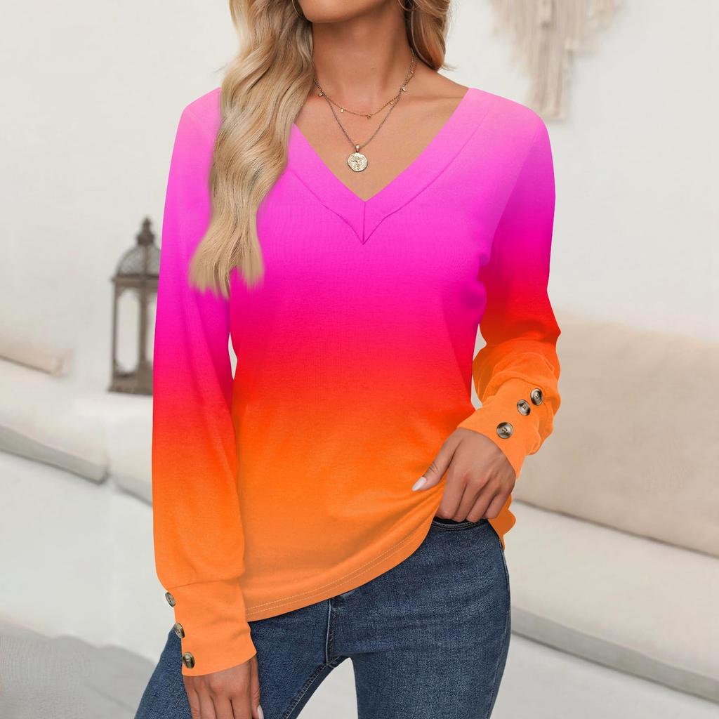 Women's Tops Gradient Printed Long Sleeve Shirt V Neck Casual Loose T-Shirt Autumn Clothing