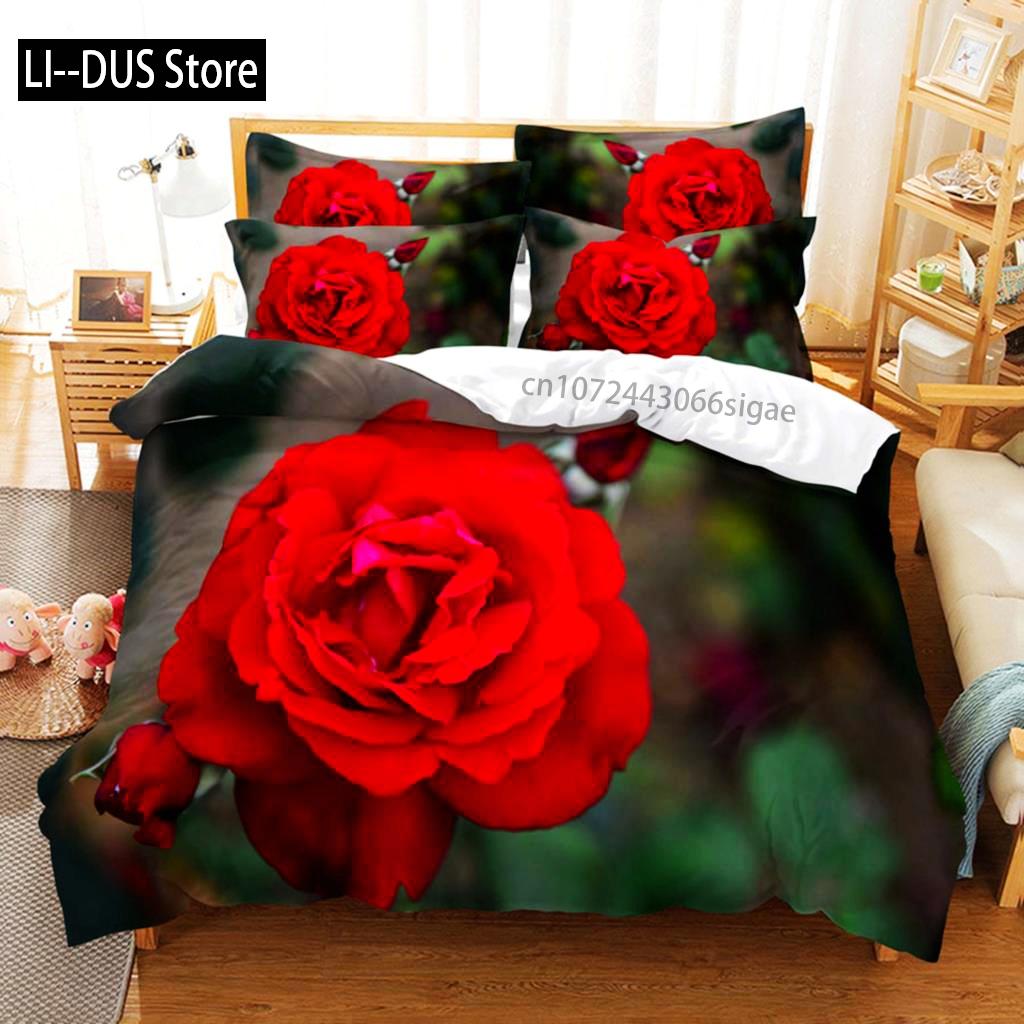 Red Rose Duvet Cover Comforter Pillow Case King Queen Size Flower Theme Valentine's Day Present For Women Room Decorations Gifts