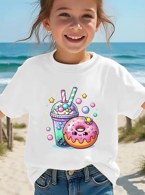 Fashion Round Neck Cotton Tshirt for Girls Children with Milk Tea Donut Star Letter Crown Cute Shortsleeved Breathable Top