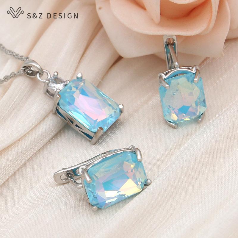 Модные красочные прямоугольные серьги-капли с кристаллами, комплекты ювелирных изделий для женщин, свадебное ожерелье цвета розового золота