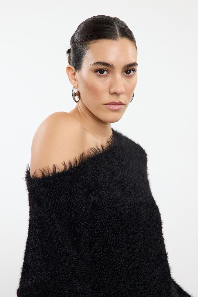 Женский модный стильный свитер, черный вязаный свитер с отложным воротником и волосатым воротником