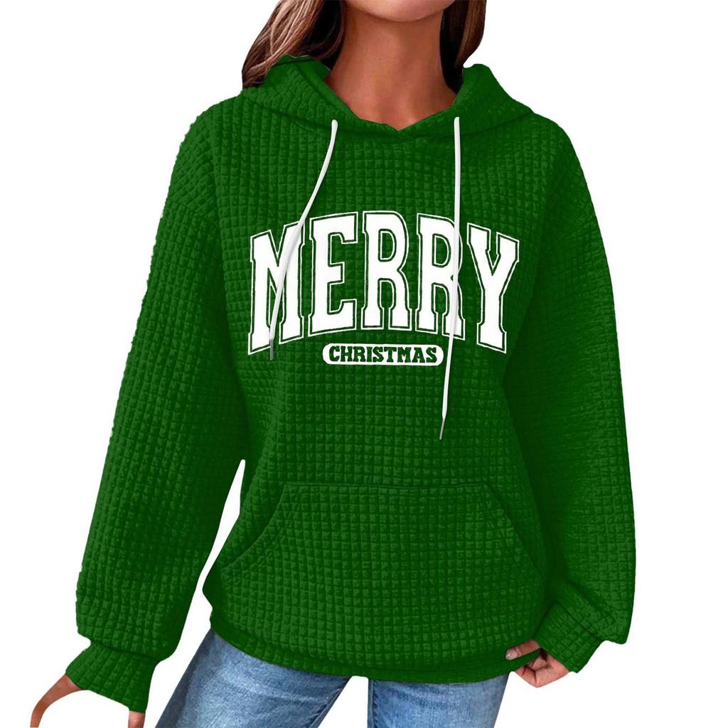 Women's Fashion Loose Hooded Pullover Long Sleeve Plaid Sweatshirt With Drawstring, Drop Shoulder, Pocket, Christmas Print Top