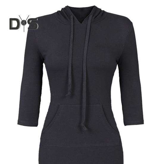 Осеннее платье с капюшоном и большим карманом, облегающее, с завязками на талии, эластичное, однотонное, облегающее мини-платье с рукавами 3/4, повседневное, для офиса, вечеринки, платье