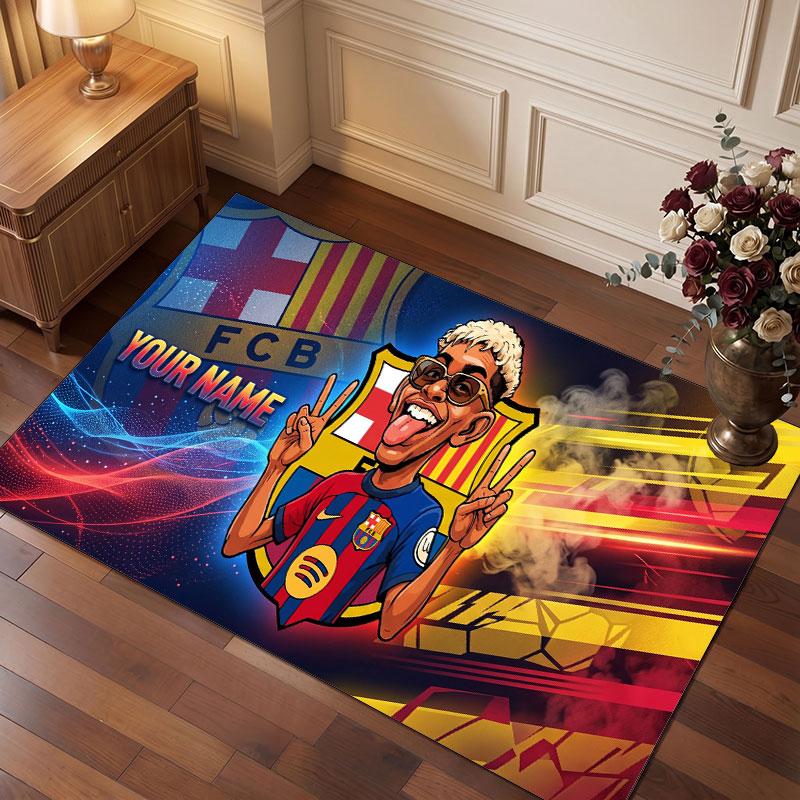 Lamine Yamal Custom Crystal Velvet Rug, Personalized Name Text Print, Football Logo Soft Non‑Slip Floor Mat Home Decor Gift
