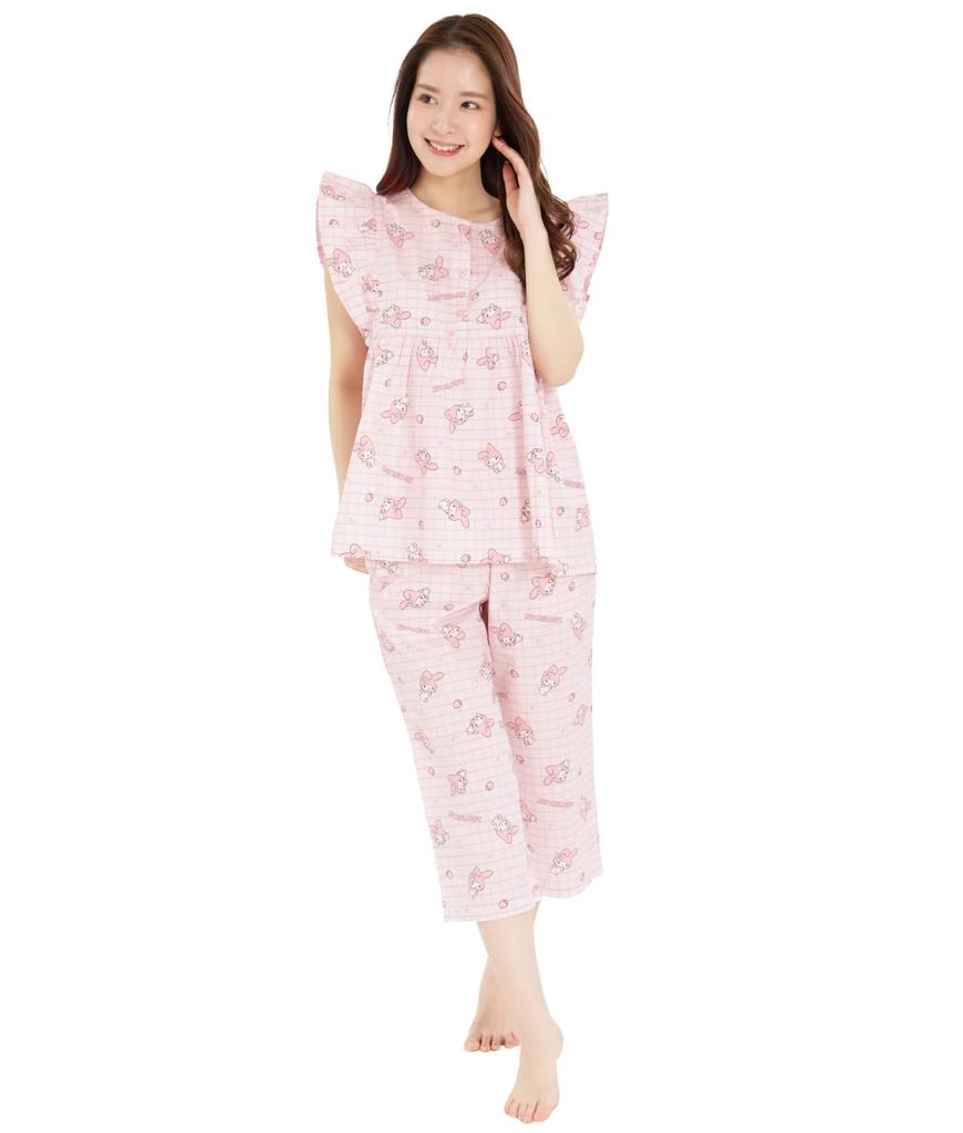 SAN1481 Checkered My Melody Frill Short Long [SAZAC] Pajamas, Women's, Sleeves, Pants, Loungewear, Mymelody, Sanrio, Pink/L