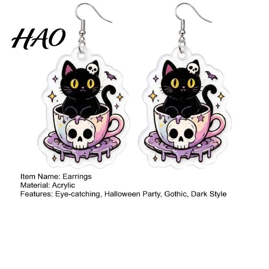 Holiday Party Decorative Earrings 1 Pair Halloween for Women, 2D Acrylic Teacup Black Cat Dark Style Jewelry Dangle Drop Earrings, Gothic Cartoon