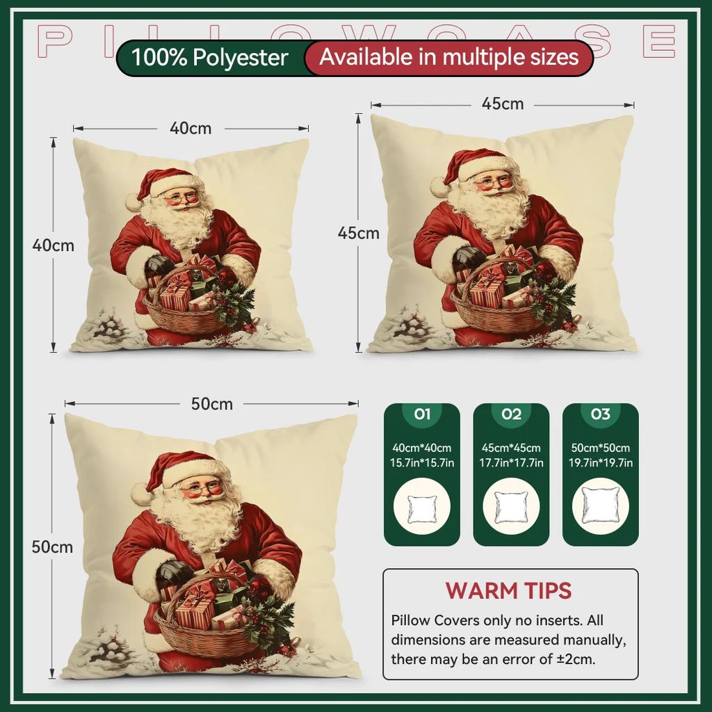 4 Pcs Retro Style Christmas Single-Sided Printed Pillowcase Cushion Cover,Suitable For Living Room,Bedroom,Car Decoration