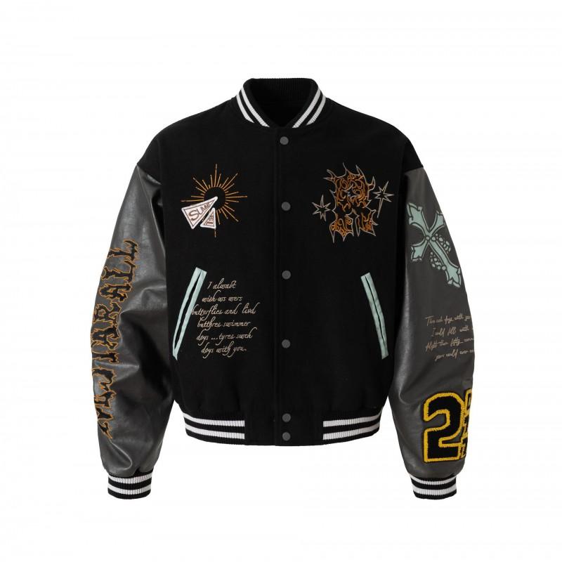 Mens Retro Hip Hop Baseball Jacket With Embroidered Sleeve Patchwork Loose Fit Cotton Blend Outerwear