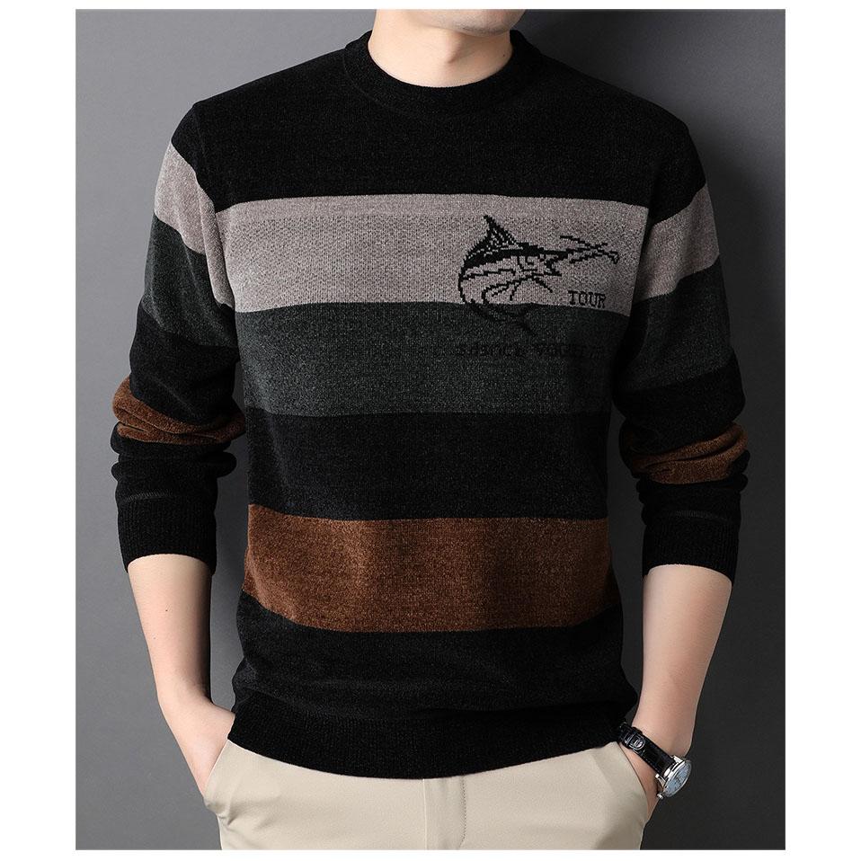 Свитер из шенилла, мужская стеганая утолщенная полосатая теплая рубашка с круглым вырезом, трикотажная одежда больших размеров