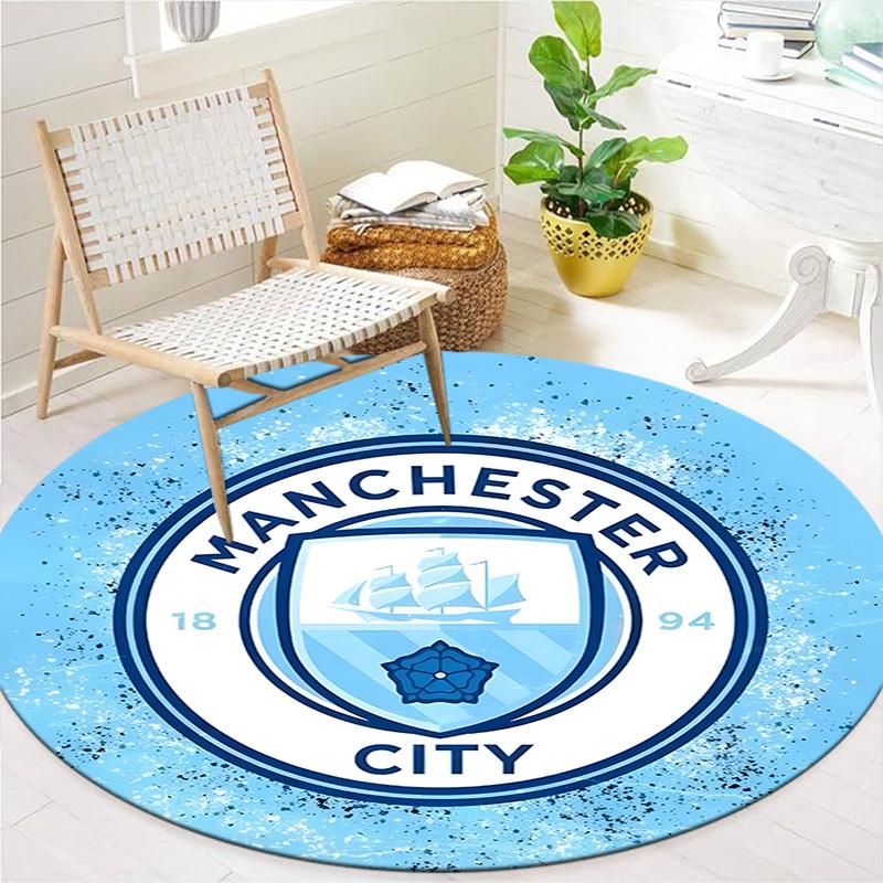1Pc Manchester City Crest Print Round Rug Nonslip Floor Mat For Living Room Bedroom Bathroom Holiday Home Decoration