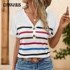 Summer Women's T-Shirt Plunge Short Sleeve Striped Short Sleeve Top