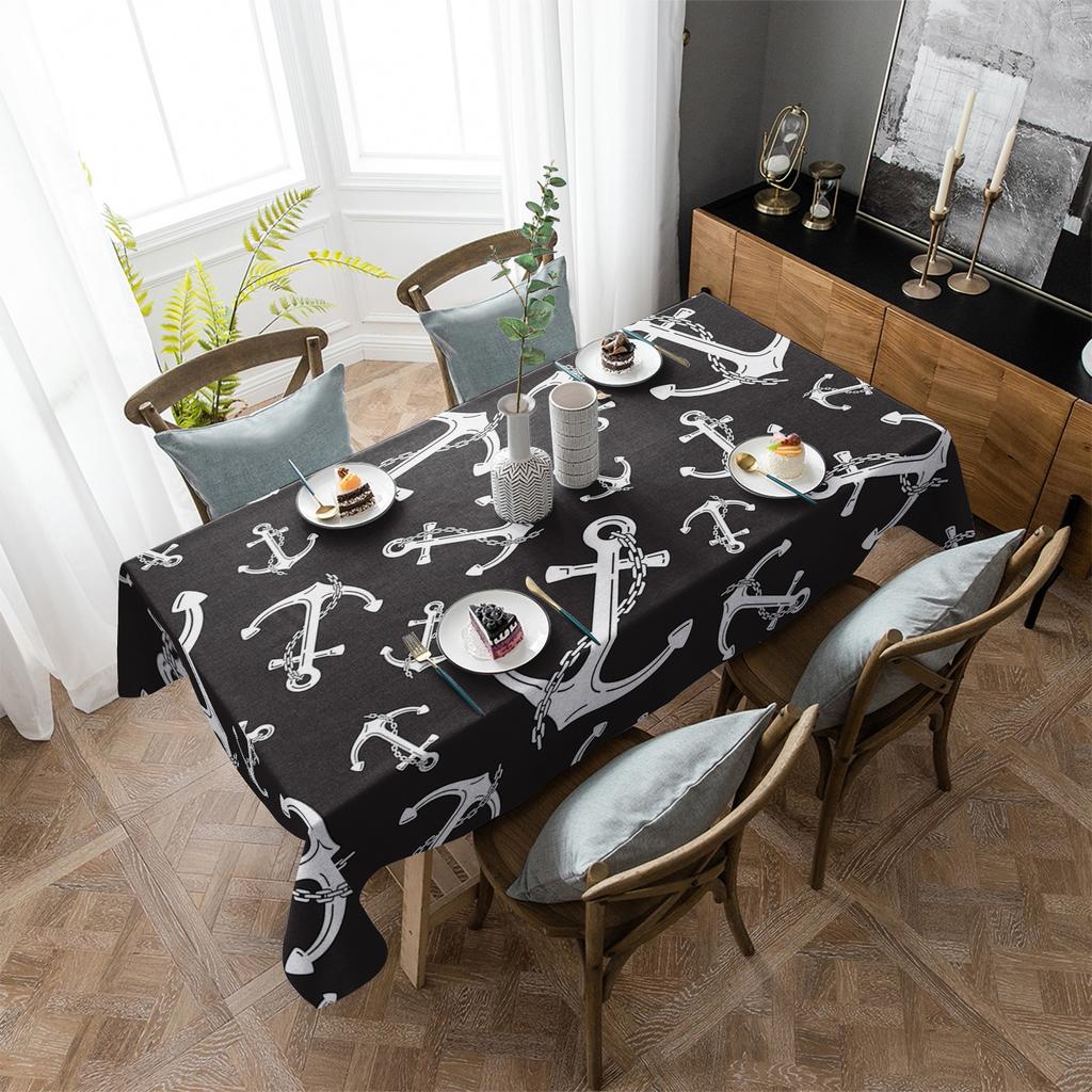 White Anchor Black Background Tablecloth Holiday Decor Waterproof Rectangular Tablecloths Wedding Decor Table Cover