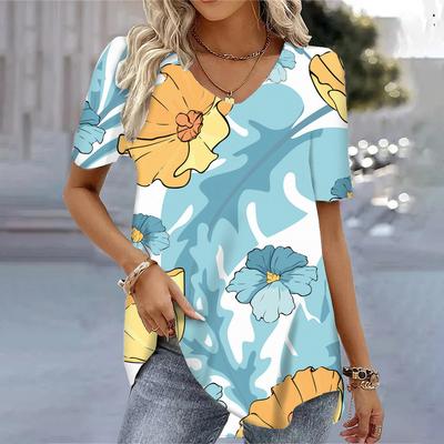 Модные женские блузки с V-образным вырезом и короткими рукавами с 3D-принтом в виде листьев растений, графические женские футболки