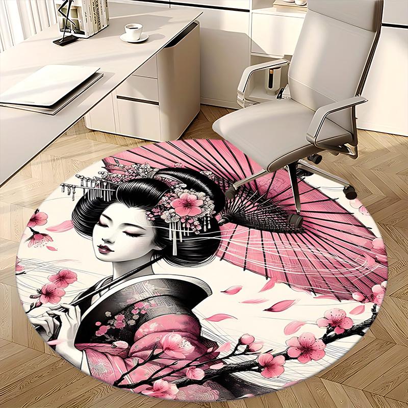 Japanese Geisha, Chair mat Round Rug Office carpet, Machine Washable, Non slip, Suitable for Living Rooms, Bedrooms